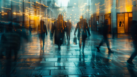 A blurry image of a group of people walking down the street, AIの素材