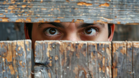A man peeking through a wooden fence with his eyes, AIの素材