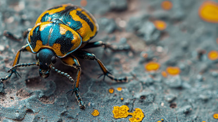 A beetle with a blue and yellow body is on the ground, AIの素材