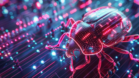 A bug with glowing lights on it is sitting in a dark room, AIの素材