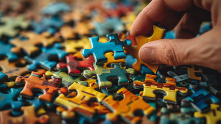 A hand picking up a piece of puzzle from the pile, AIの素材