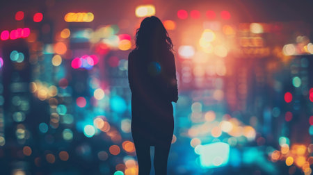 A woman standing in front of a cityscape with lights, AIの素材