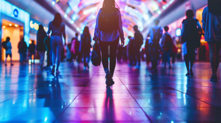 A group of people walking through a large building with many lights, AIの素材