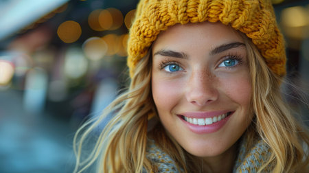 A woman with a yellow hat smiling and looking at the camera, AIの素材