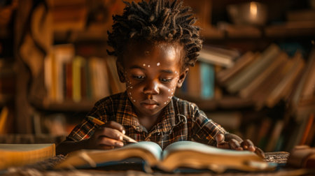 A young boy with a white face writing in an open book, AIの素材
