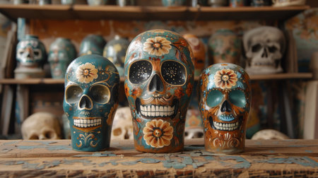 Three skulls are sitting on a table in front of them, AIの素材