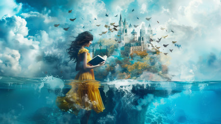A woman in yellow dress standing on a castle with books, AIの素材