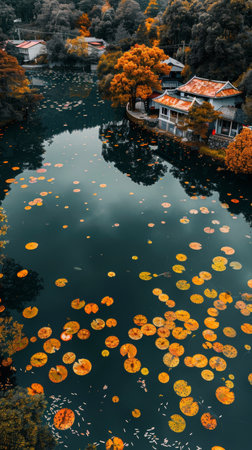 A lake with lots of yellow lily pads and a small building, AIの素材