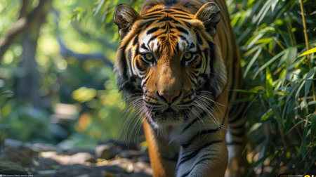 A tiger walking through the woods with green leaves in front of it, AIの素材