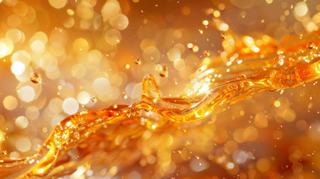 A close up of a liquid with bubbles and shiny gold background, AIの素材