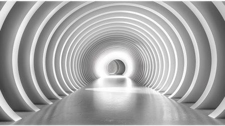 A long tunnel with white walls and a light at the end, AIの素材