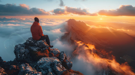 A man sitting on top of a mountain overlooking the clouds, AIの素材