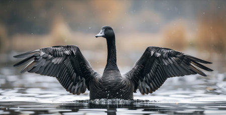A large black bird with wings spread out in the water, AIの素材