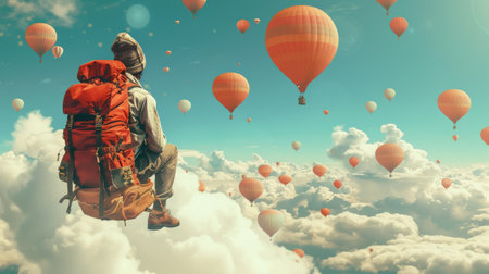 A man with backpack sitting on clouds in a sky full of hot air balloons, AIの素材
