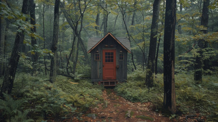 A small cabin in the woods with a red door, AIの素材