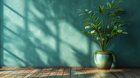 A potted plant on a wooden floor with sunlight coming through the wall, AIの素材