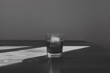 A glass of water with ice cubes on a wooden table, AIの素材