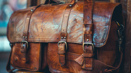 A brown leather bag sitting on top of a wooden bench, AIの素材
