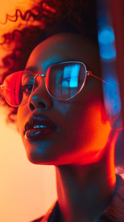 A woman with curly hair wearing glasses and lipstick, AIの素材