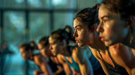 A row of women in yoga class with their hands on the floor, AIの素材