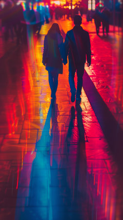 A couple walking down a street at night with colorful lights, AIの素材