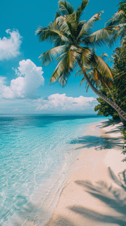 A beach with a palm tree and clear water, AIの素材