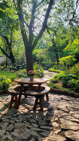 A table and chairs in a park setting with trees, AIの素材