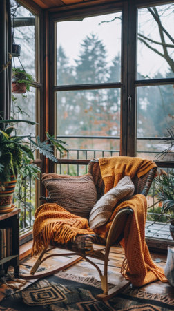 A rocking chair in a room with large windows and plants, AIの素材