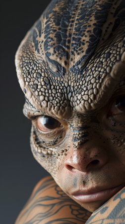 A close up of a reptilian person with tattoos on their face, AIの素材