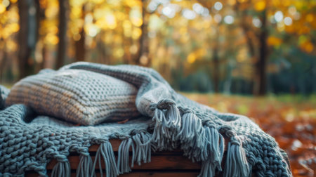 A blanket on a wooden bench in the woods with trees, AIの素材