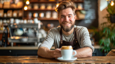 A man with a beard sitting at the counter of a coffee shop, AIの素材