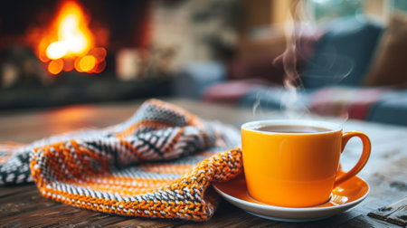 A cup of coffee on a saucer next to a blanket, AIの素材