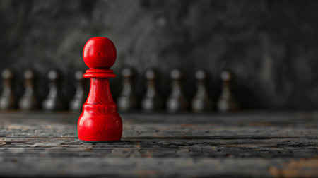 A red chess piece on a table in front of black pawns, AIの素材