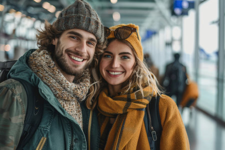 A man and woman smiling at each other in an airport, AIの素材