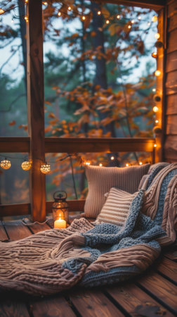 A blanket on a porch with lights and candles, AIの素材