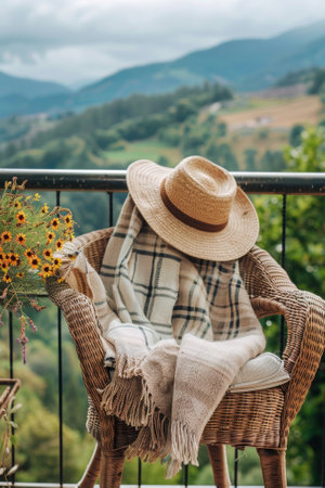 A hat and blanket on chair with view of mountains, AIの素材