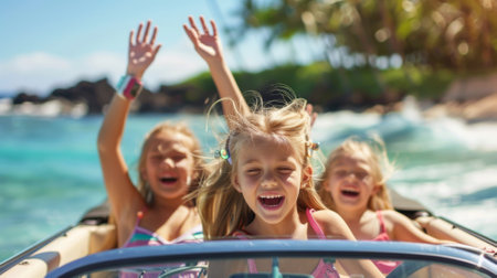 Three young girls in a car waving their hands and smiling, AIの素材