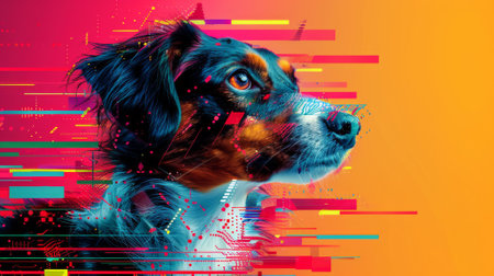 A dog is shown in a colorful abstract painting with geometric shapes, AIの素材