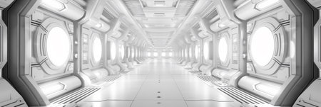 A futuristic white hallway with circular lights and windows, AIの素材