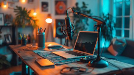 A laptop computer sitting on a desk with microphone and speakers, AIの素材