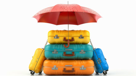 A stack of colorful luggage with an umbrella on top, AIの素材