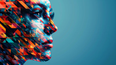A womans face is made up of geometric shapes and colors, AIの素材