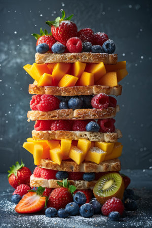 A stack of fruit on a plate with kiwi, mango and blueberries, AIの素材
