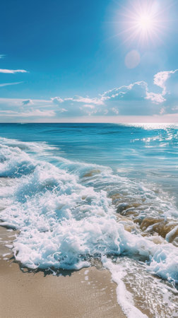 A beach with waves and a sun shining on the water, AIの素材