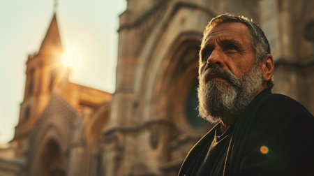 A man with a beard and black jacket standing in front of an old building, AIの素材