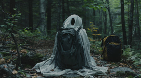 A person sitting in the woods with a backpack and hood, AIの素材