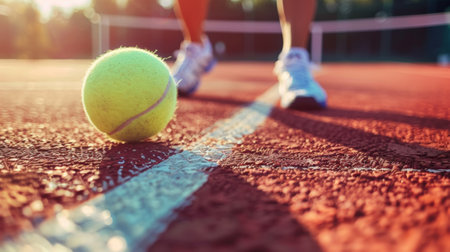 A tennis ball on a court with someone standing next to it, AIの素材