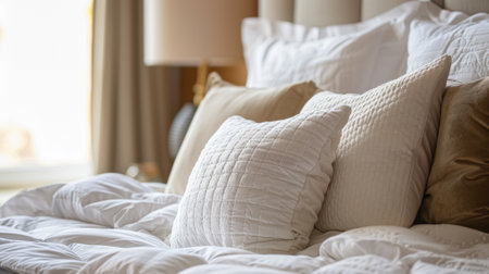 A bed with a lot of pillows and blankets on it, AIの素材