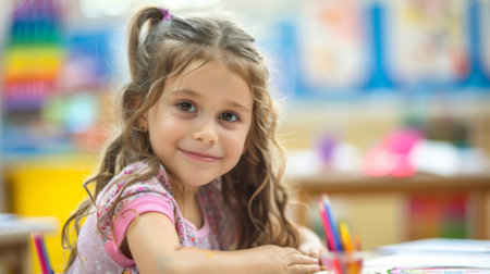 A little girl sitting at a table with crayons and paper, AIの素材