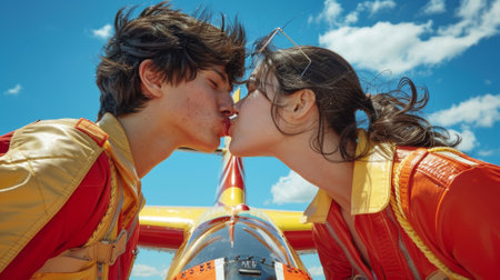 A couple kissing on the nose of a small airplane, AIの素材